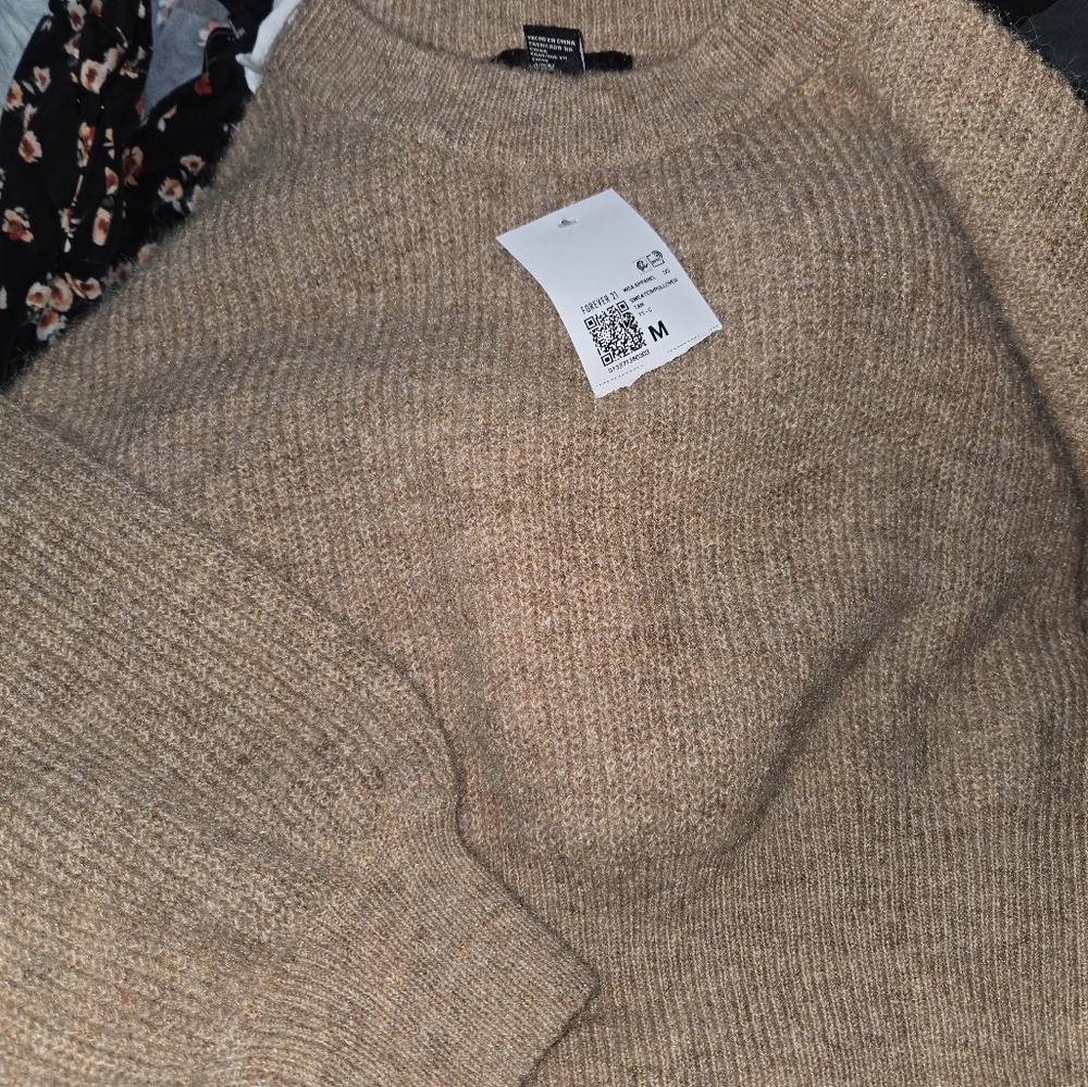 Forever 21 Tan Crewneck Sweater with Ribbed Texture
